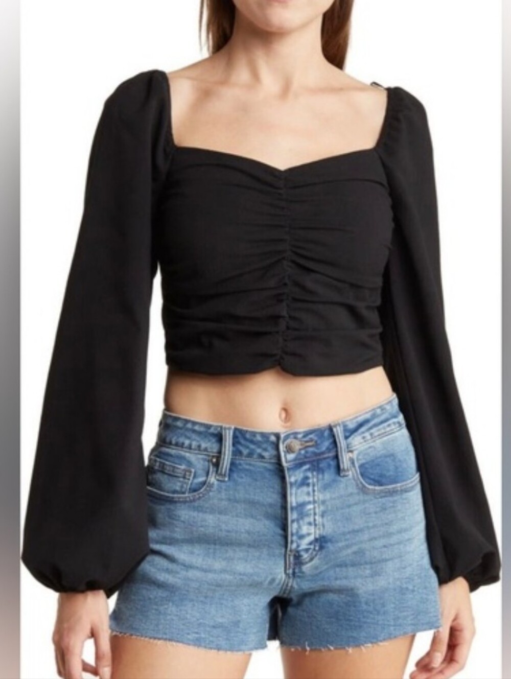 Sophie Rue Black Ruched Square Neck Long Bell Sleeve Top